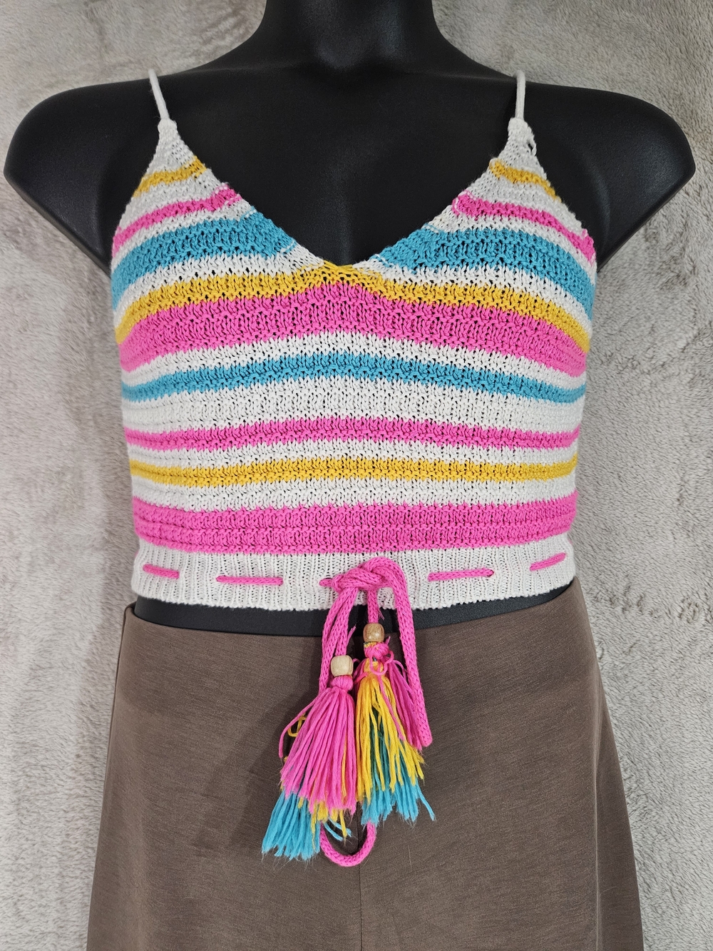 Striped Crochet Crop Top with Tassel Drawstring - Multicolor